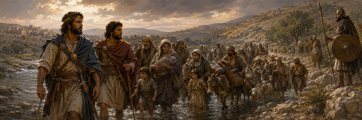 Judas, Jonathan, and Simon guide vulnerable families with children and belongings safely across rivers and rugged country